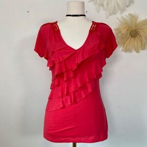 Deb Womens Y2K Tiered Ruffle Front Top Size M Crochet Back Preppy Boho Country
